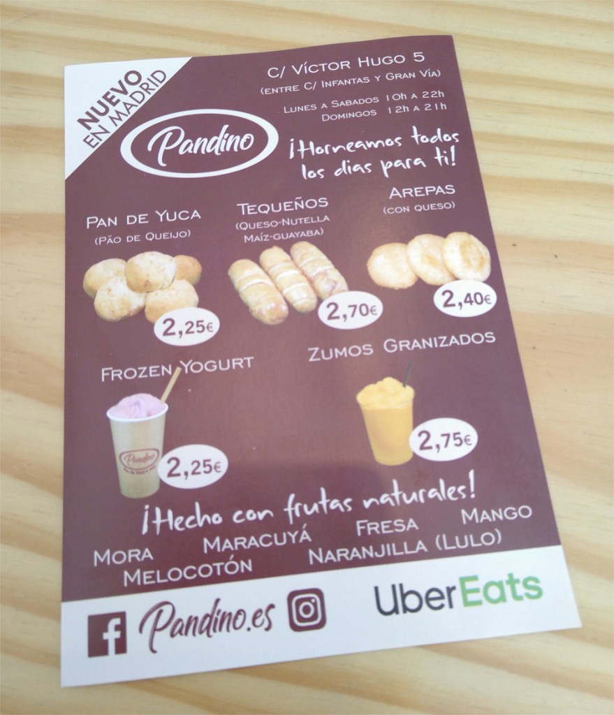 Menu de la panaderia "Pandino" en Madrid, con pan de yuca, tequeños y arepas