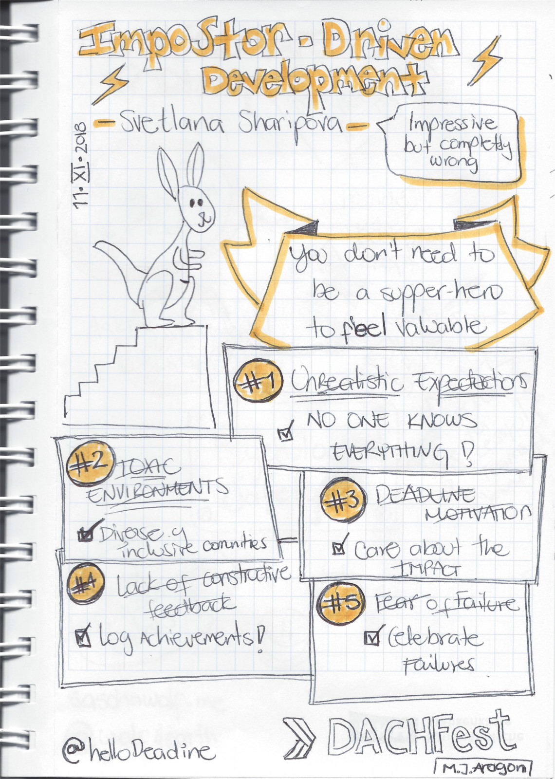Sketchnotes en ingles sobre desarrollo con sindrome del impostor
